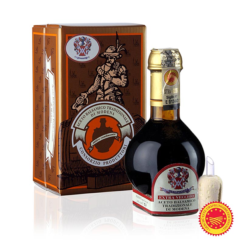 Aceto Balsamico Tradizionale DOP/gU, Extravecchio, 25 J, Geschenkbox, Malpighi, 100 ml - Aged Traditional Balsamic Vinegar DOP/gU, Extra Old, 25 Years, Gift Box, Malpighi, 100 ml - Authentic Italian gourmet condiment