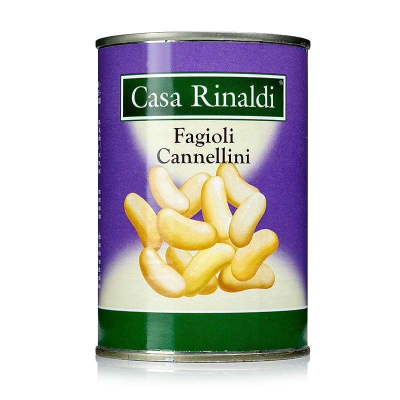 Close-up of a 400g can of small, white Cannellini Bohnen beans (English)