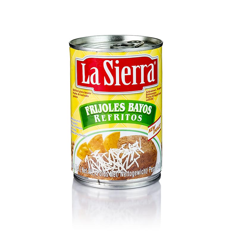 Organic 430g can of seasoned brown refried beans, a delicious Mexican side dish