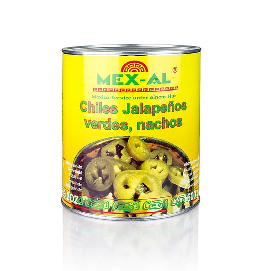 Jalapeno chili peppers, sliced and packaged in a 28 kg container