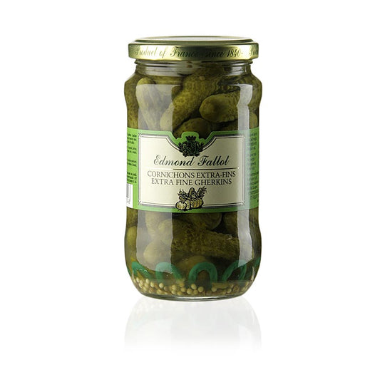 A close-up image of a jar of Fallot brand extra fine Cornichons, 340g, showing the label and the small, crisp gherkin pickles inside