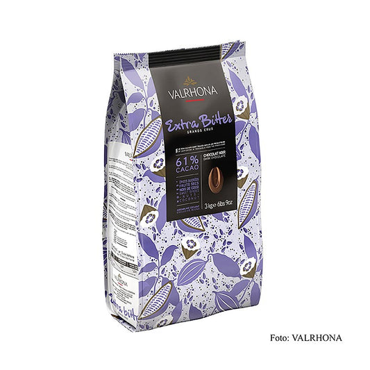 Valrhona Extra Bitter, dunkle Couverture, Callets, 61% Kakao, 3 kg - Hochwertige dunkle Schokolade in praktischer Callet-Form, ideal für Backen und Desserts