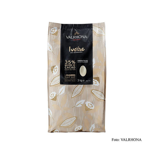 Valrhona Ivoire, weiße Couverture, Callets with 35% Kakaobutter in 3 kg packaging, perfect for creating creamy white chocolate desserts and pastries