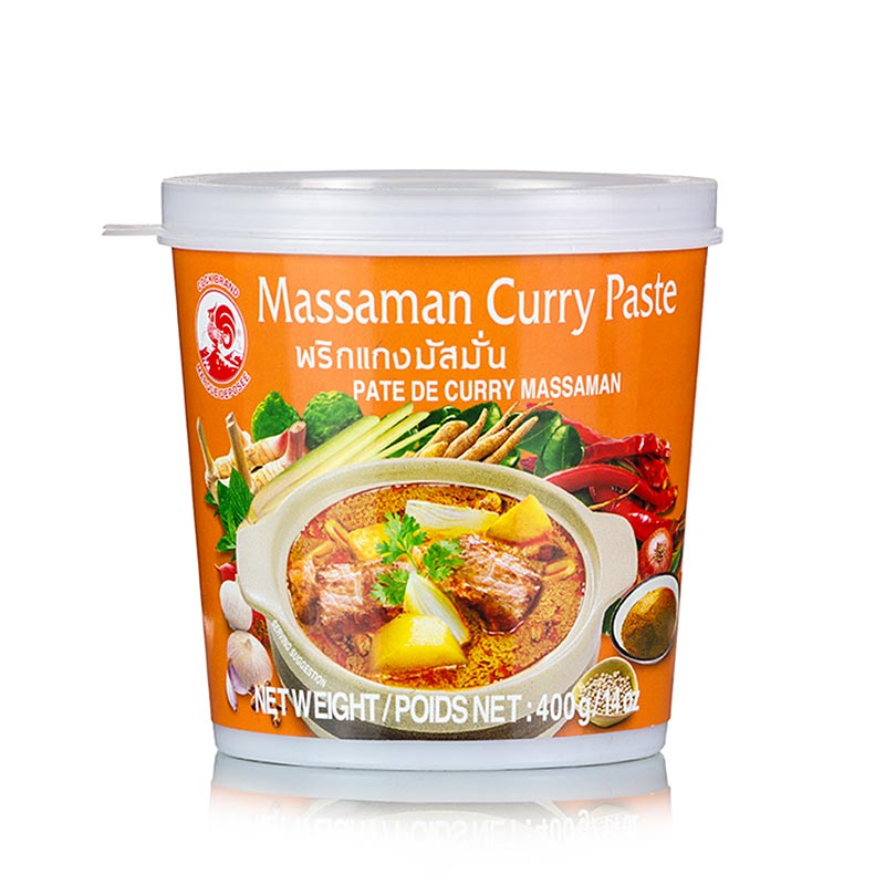 400g of Cock Brand Massaman Thai-Curry Paste, a flavorful and aromatic product (English)