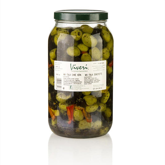 Viveri 3 kg Oliven Mischung featuring spicy green and black olives without pits