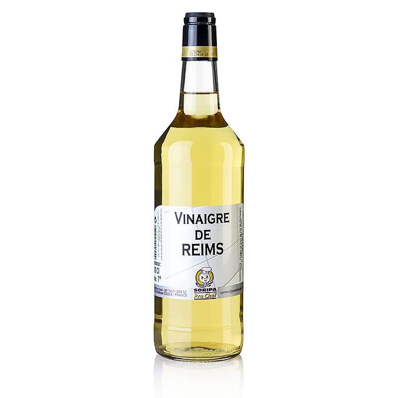 Flasche mit 1 Liter Vinaigre de Reims, Essig aus den Champagne-Ardennen, mit 7% Säure, von der Marke Soripa, perfekt für kulinarische Verwendung