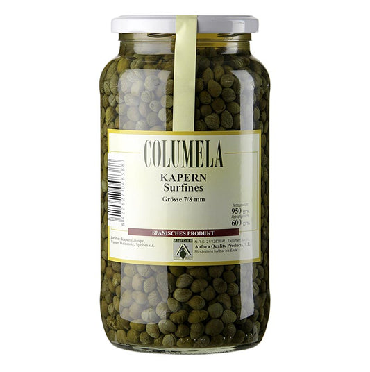 Alt text: Columela Kapern surfines, a 950g jar of premium 7-8mm capers, ideal for enhancing a variety of dishes