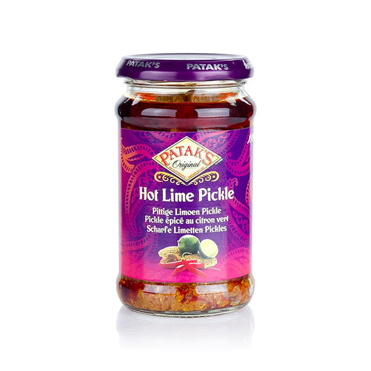 English

Alt text: A 283 g jar of Patak's hot lime pickle, also known as scharfes Limetten Pickle, featuring vibrant green color and spicy, tangy flavor