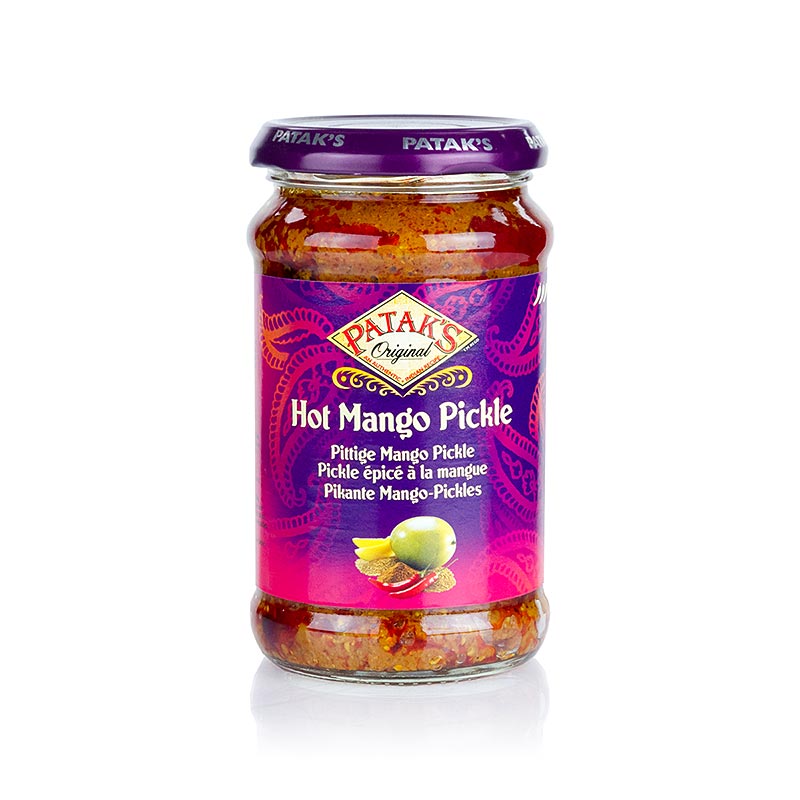 German

Alt text: Bild eines 283 g Glases mit Patak's scharfem und pastösem Mango Pickle Produkt