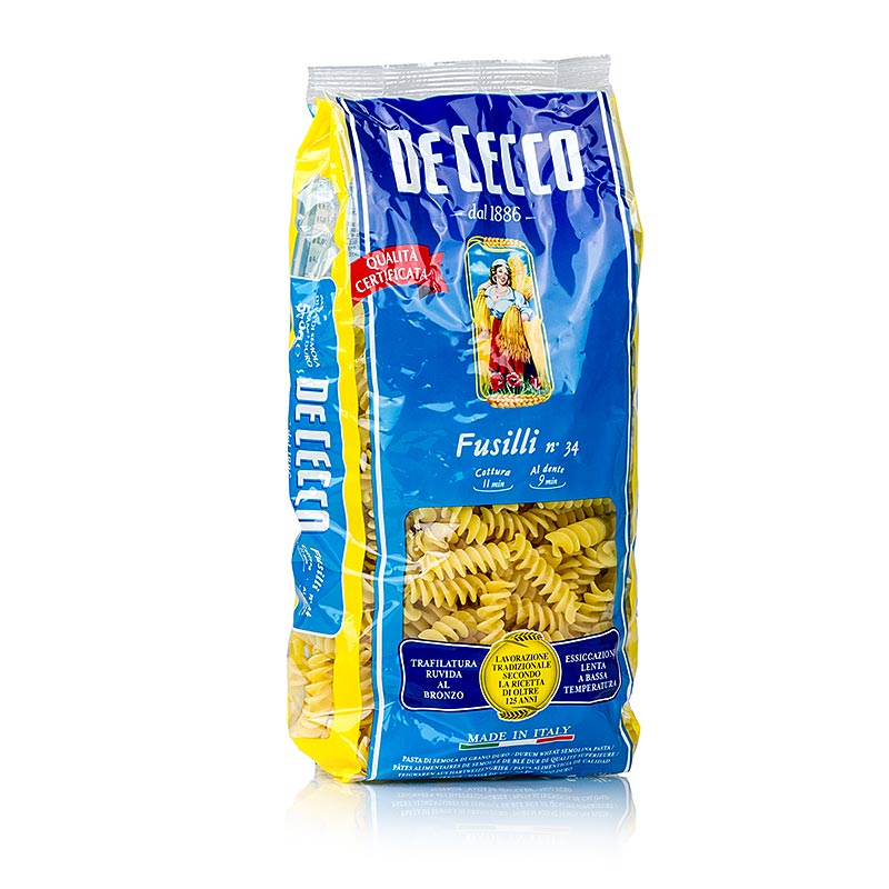 De Cecco Fusilli, No34, 500 g, traditional Italian spiral-shaped pasta