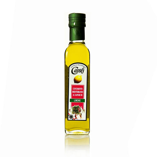 250 ml bottle of Natives Olivenöl Extra, Caroli mit Zitrone aromatisiert, a lemon-flavored extra virgin olive oil product