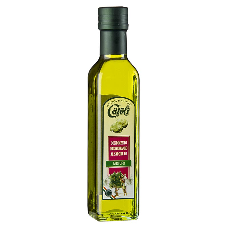 English: 250 ml bottle of Natives Olivenöl Extra, Caroli with white truffle-flavored aroma, a high-quality and flavorful olive oil product