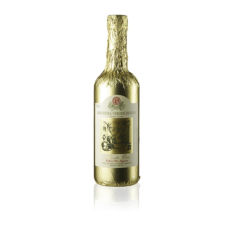 German

Alt text: Natives Olivenöl Extra, Calvi Mosto Oro in Goldfolie, 750 ml – hochwertiges, extra natives Olivenöl aus Italien