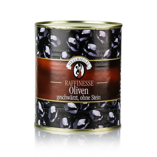 A close-up image of a 850g jar of Schwarze Oliven, ohne Kern, geschwärzt, in Lake, showcasing the glossy black olives in brine