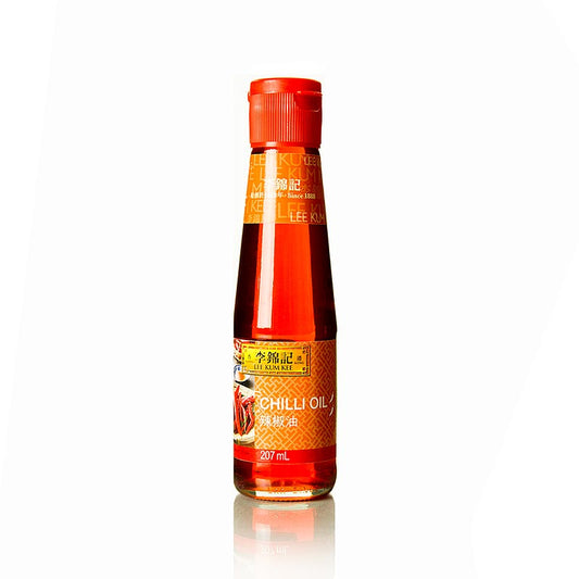 Lee Kum Kee 207 ml bottle of chili oil, made with soybean oil and infused with chili for a spicy and flavorful condiment (English)