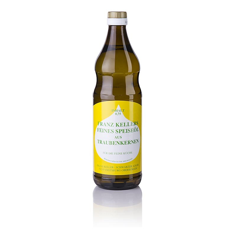 Alt text: 750 ml bottle of Franz Keller Traubenkernöl, cold-pressed grape seed oil (German)