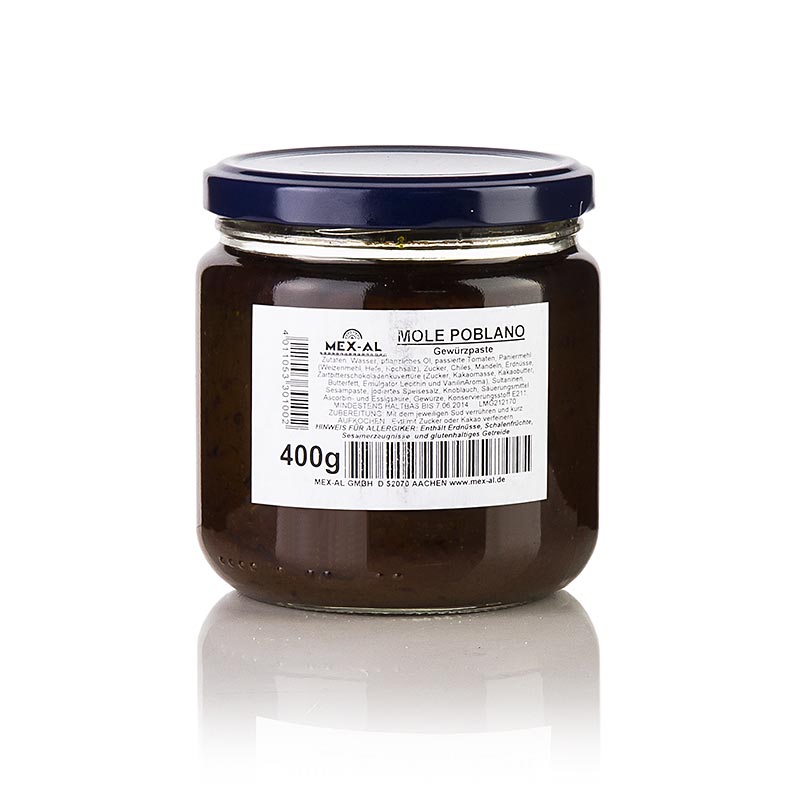 Mole Poblano, eine würzige mexikanische Schokoladensauce mit einem Gewicht von 400 g, ideal zum Verfeinern von Gerichten