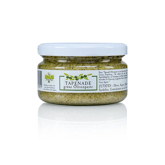 Jar of Arnaud 200g green olives tapenade paste, perfect for spreading on bread or crackers