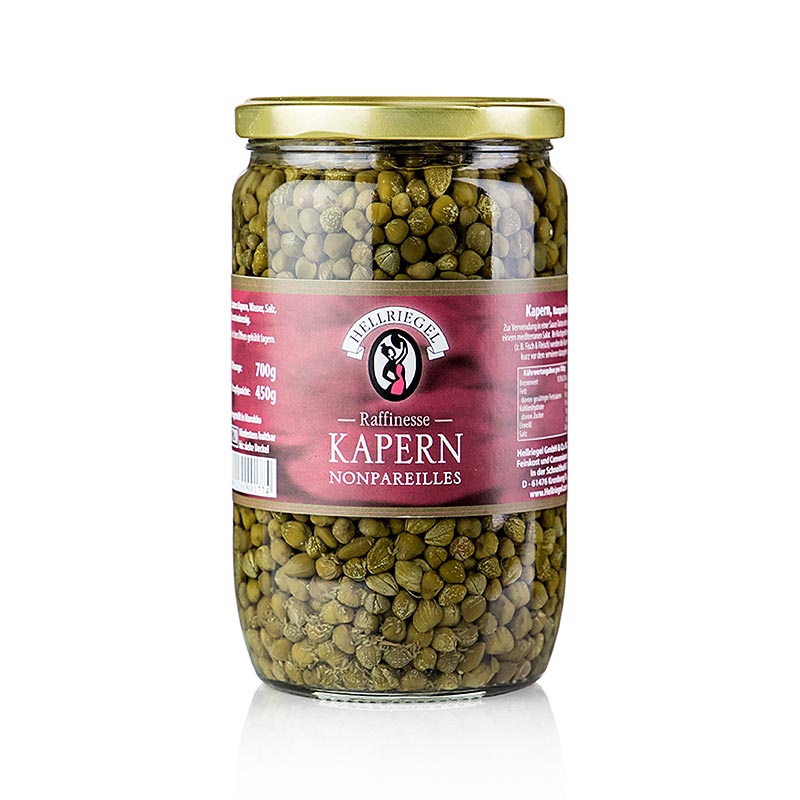 Close-up of a 700g jar of Kapern Nonpareilles, small, round capers with a diameter of 8mm, known for their exquisite taste and quality