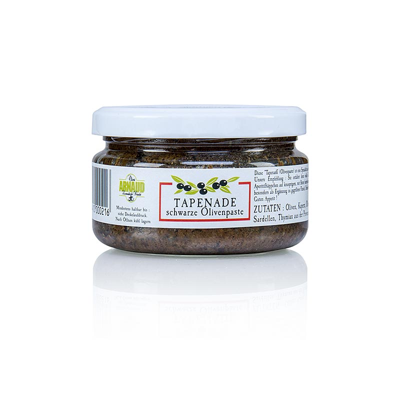 A 200 g jar of Arnaud black olive paste, also known as tapenade, with a rich and savory flavor perfect for spreading on bread or using in recipes