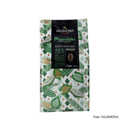 A 3 kg package of Valrhona Manjari Couverture, featuring 64% Kakao from Madagaskar