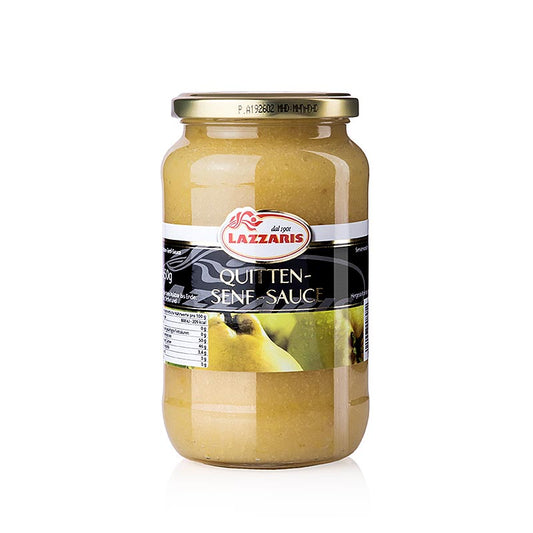 650 g jar of Lazzaris Quitten-Senf-Sauce, a traditional Ticino-style quince mustard sauce (English)