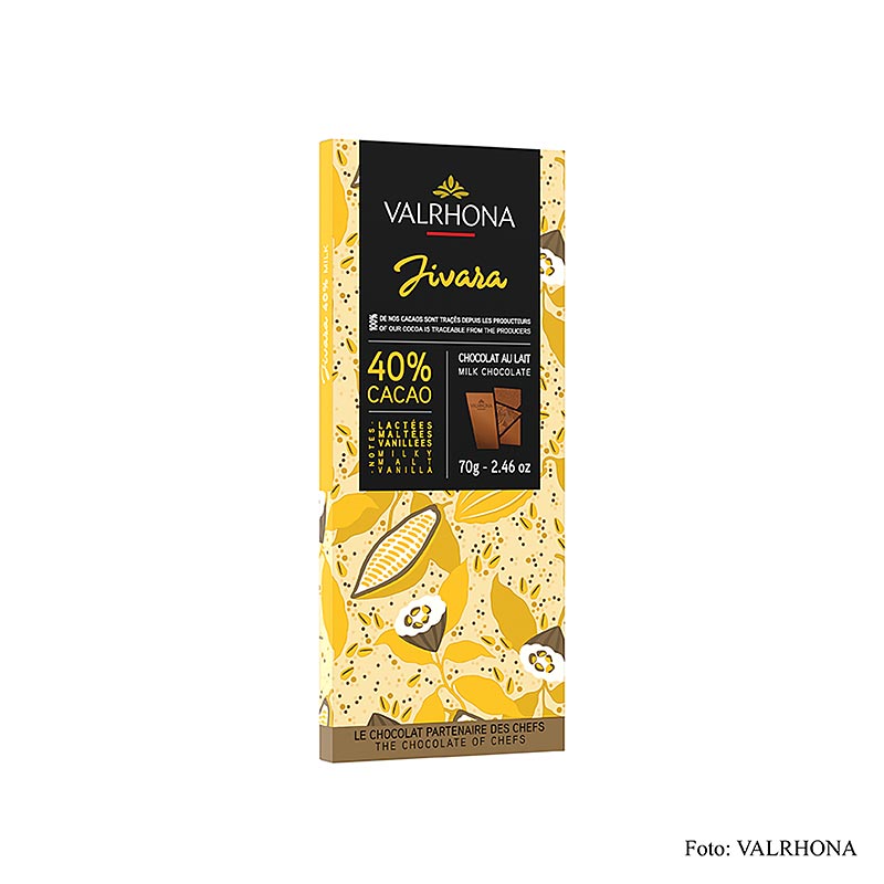 Valrhona Jivara - Vollmilchschokolade, 40% Kakao, 70 g - hochwertige Schokolade mit cremiger Vollmilch und einem Kakaoanteil von 40%, in einer 70g-Packung