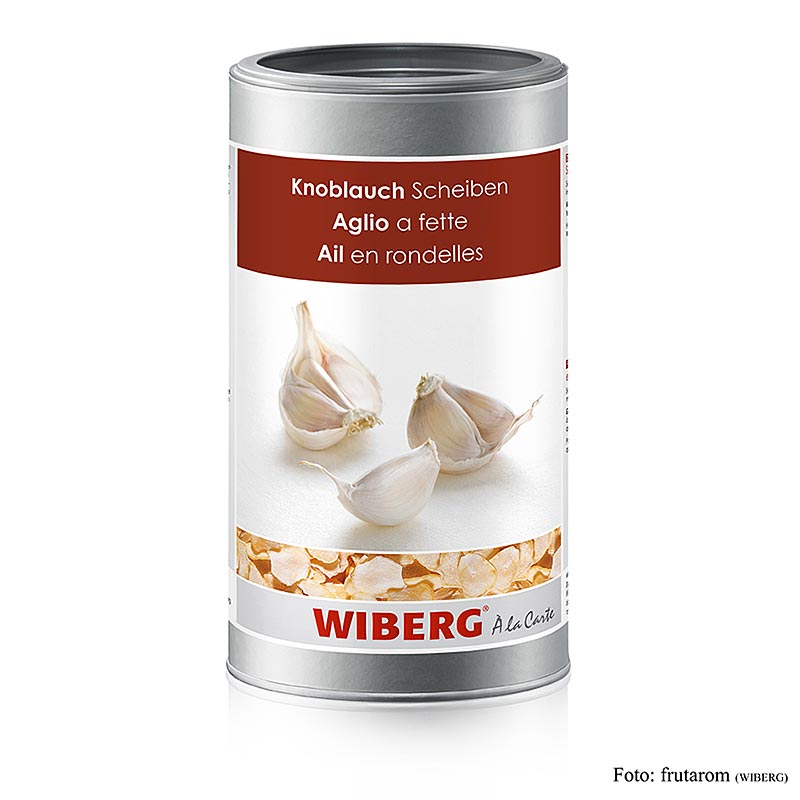 Close-up of Wiberg Knoblauch-Scheiben, 400 g, showcasing the high-quality garlic slices in a convenient 400 g packaging for culinary use