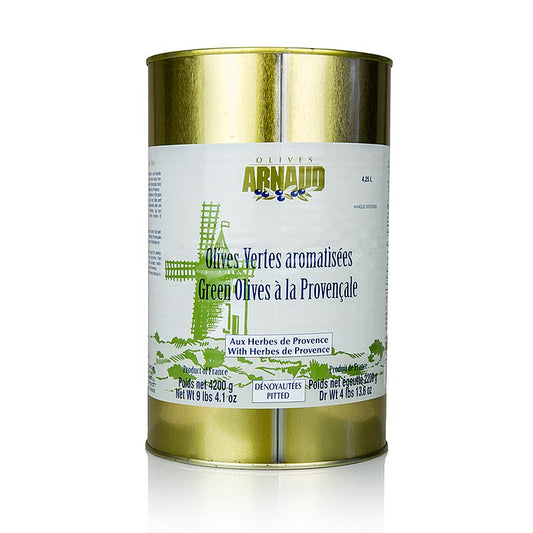 Large 42 kg Arnaud green olives without pits, infused with herbs of Provence, preserved in brine