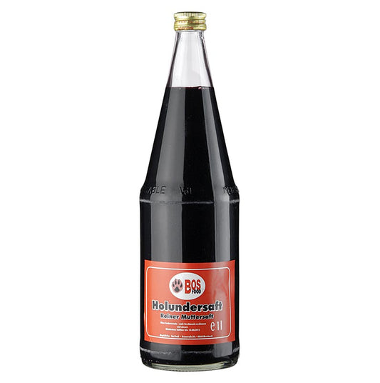 Glass bottle of BOS FOOD Holundersaft, a natural, unsweetened elderberry juice, 1 liter