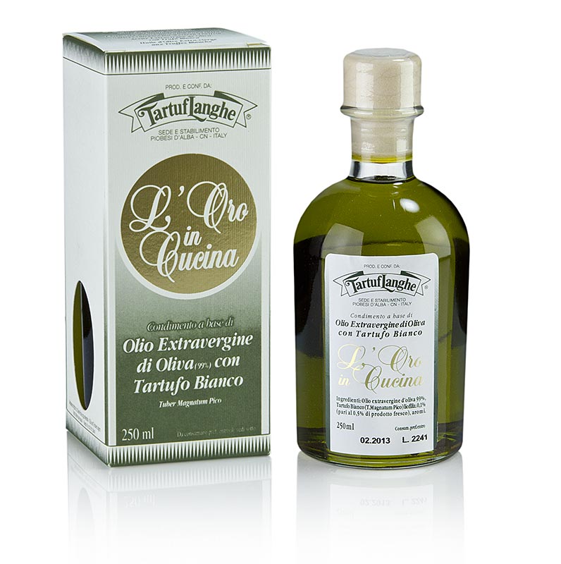 Tartuflanghe Natives Olivenöl Extra L´Oro in Cucina m weißem Trüffel & Aroma 250 ml, a premium extra virgin olive oil infused with white truffle and aromatic flavors