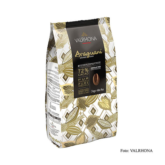 Valrhona Araguani Grand Cru dark chocolate couverture Callets, 72% cocoa, sourced from Venezuela, comes in a 3 kg bag