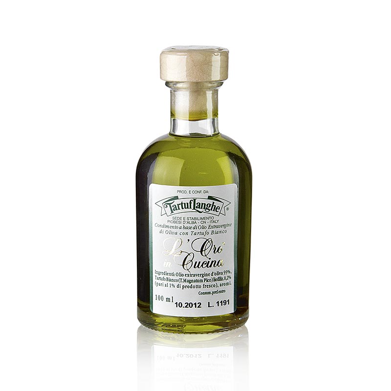 Tartuflanghe Natives Olivenöl Extra L´Oro in Cucina m weißem Trüffel & Aroma 100 ml - Ein Glas Olivenöl mit weißem Trüffelaroma, perfekt für die Küche