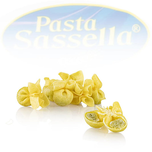 Frische Fagotti (Geldbeutel) mit Rucola, Ricotta und Grana Padano, Sassella, 500 g - A delicious and authentic Italian pasta dish filled with fresh, flavorful ingredients like arugula, ricotta, and Grana Padano, perfect for any meal