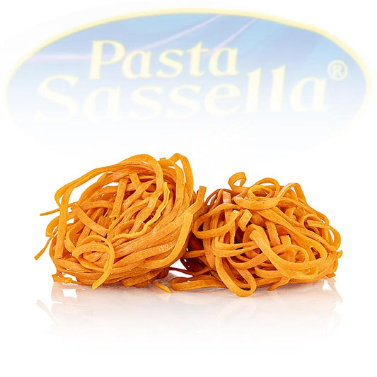 Frische Tagliarini mit Tomate, traditionelle italienische 3mm Bandnudeln von Sassella, 500 g Packung