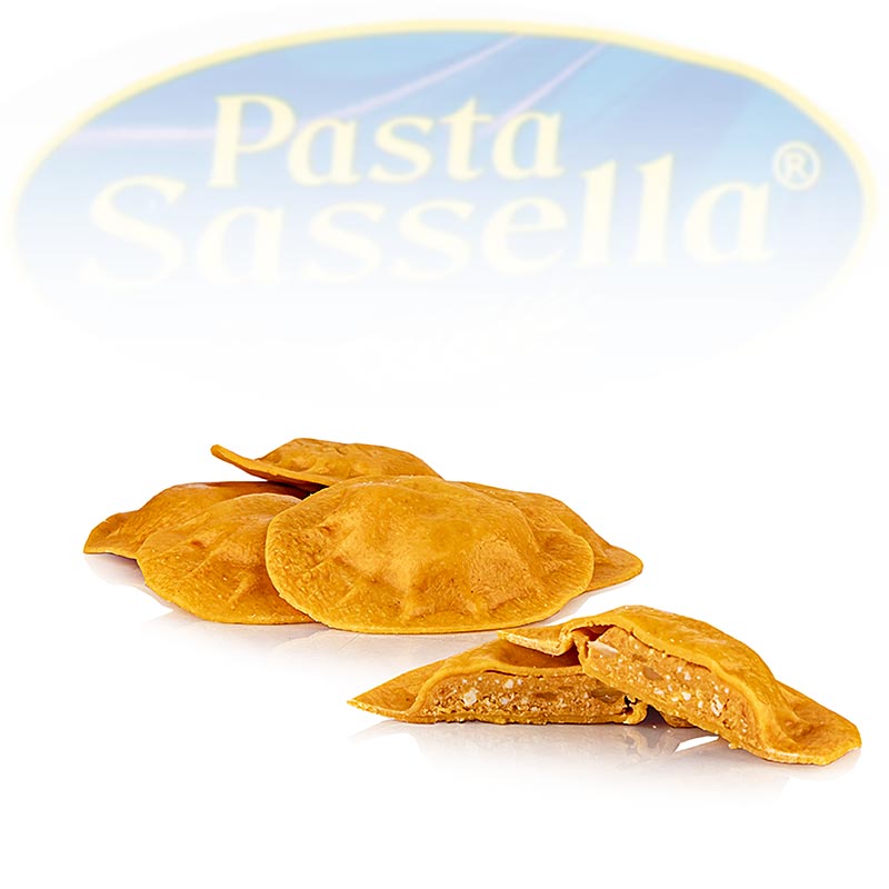 German:

Agnolotti mit Tomate-Mozzarella-Füllung, rund und rot, 500 g von Sassella