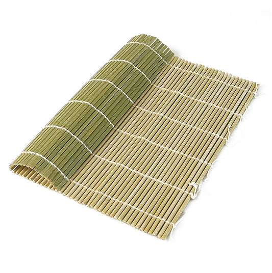 Green bamboo sushi rolling mat, 27 x 27cm, with flat chopsticks, ideal for making homemade sushi