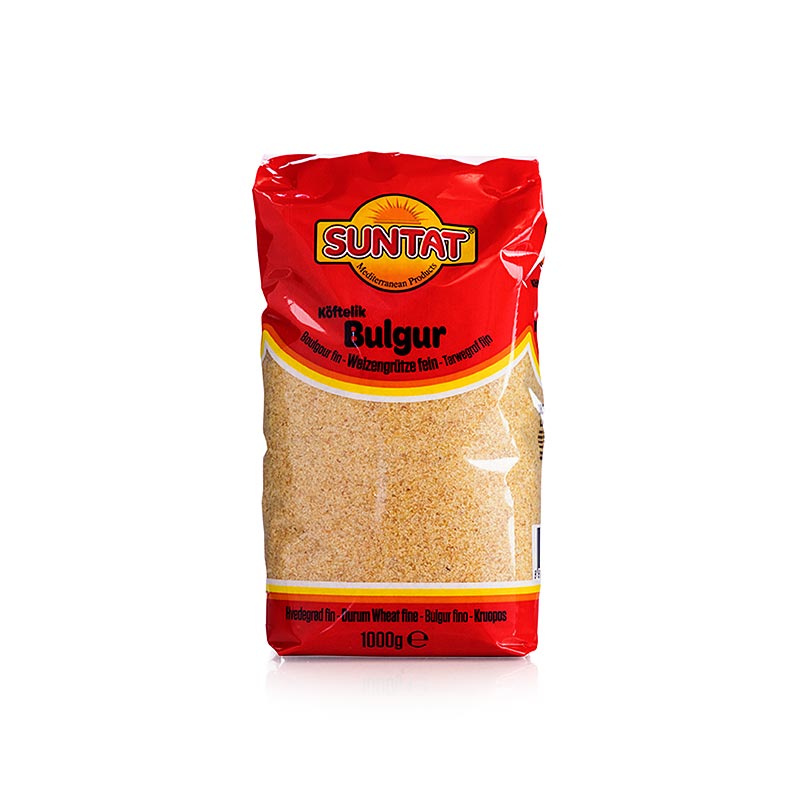 Alt text: Bulgur, hell - geschälte & gedämpfte Weizengrütze, fein, 1 kg, verpackt in einer transparenten Plastiktüte, ideal als gesunde Zutat für verschiedene Gerichte und Salate