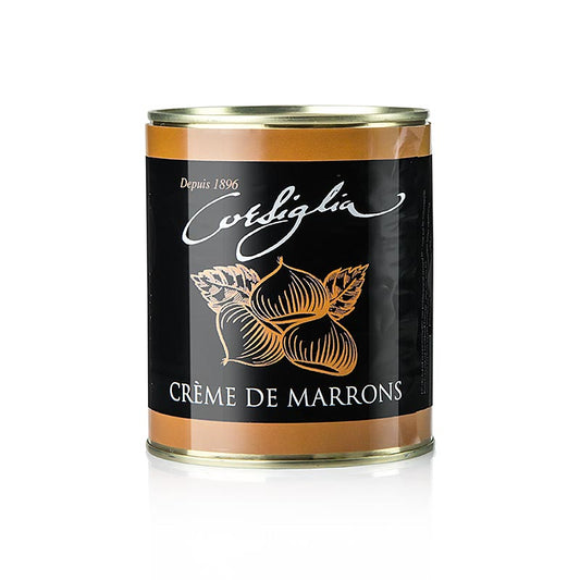 A 1 kg yellow tin of Maronen Creme, kandierte Maronen & Vanille, a soft and sweet confectionary product by Facor