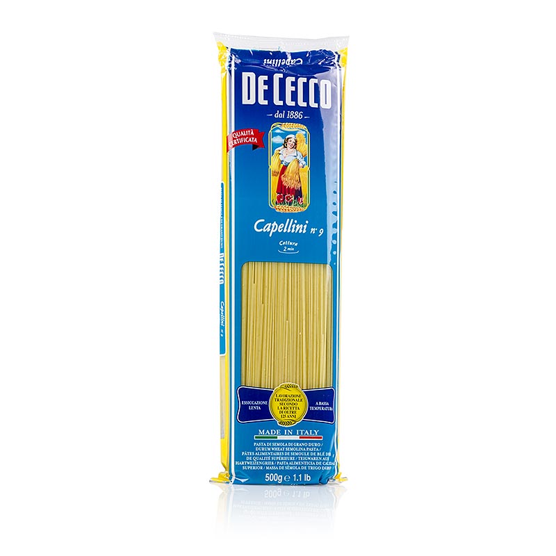 De Cecco Capellini No9, 500 g, a premium Italian pasta product perfect for light, delicate dishes