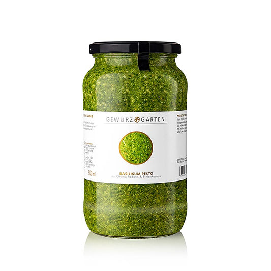 Großzügige 900 ml Flasche Gewürzgarten Basilikum Pesto mit frischem Basilikum, gerösteten Pinienkernen und herzhaftem Grana Padano, perfekt für die Zubereitung von leckeren Pasta-Gerichten