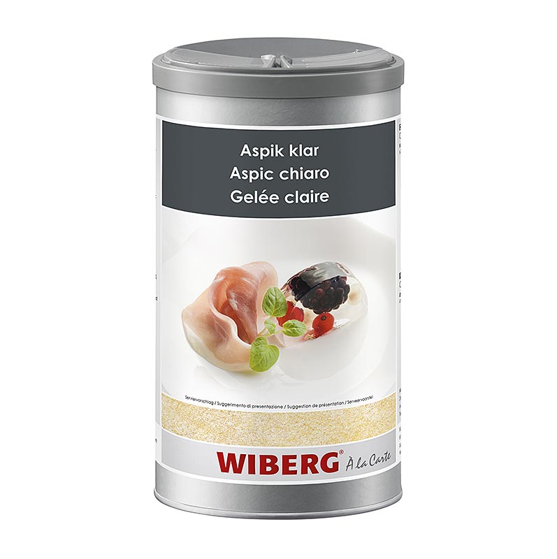 German

Alt text: Wiberg Aspik Klar, Gelatine, geschmacksneutral, ideal für die Zubereitung von 16 Litern, 800 g Packung