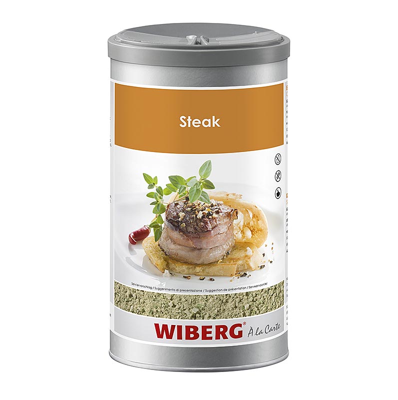 Large 950 g container of Wiberg Steak-Gewürzsalz with herbs, ideal for seasoning meat dishes (English)