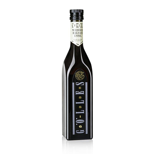 Glass bottle of Gölles Weißer Balsam-Weinessig 6% Säure, 500ml, 500 ml vinegar, a high-quality white balsamic vinegar with 6% acidity, perfect for culinary use and dressing salads, produced by Gölles in Austria (English)