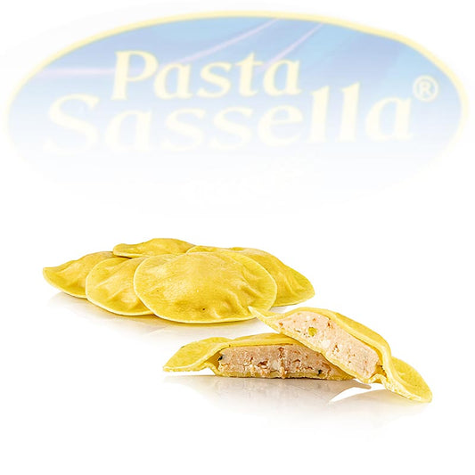 Frische Agnolotti mit Lachs-Füllung, rund und hell, Sassella, 500 g, verlockend leckere italienische Teigwaren mit zarter Lachs-Füllung