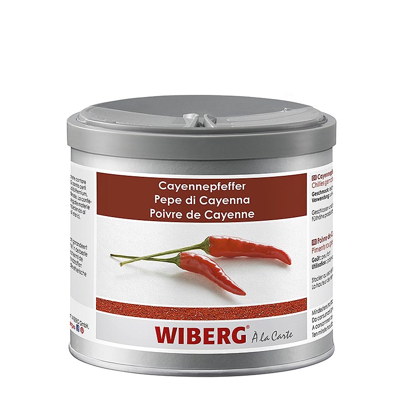 German: Bild eines 260 g Behälters von Wiberg Cayennepfeffer, gemahlenen Chillies, zur Verwendung als Gewürz in der Küche