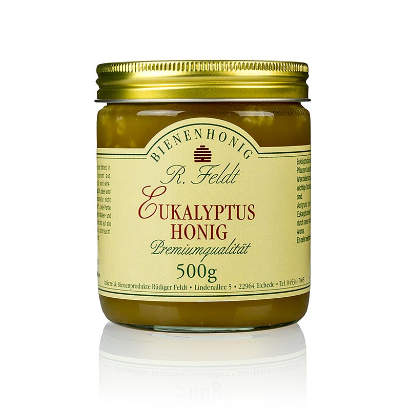 A 500g jar of light, creamy, and mildly spicy Eucalyptus Honey from Argentina