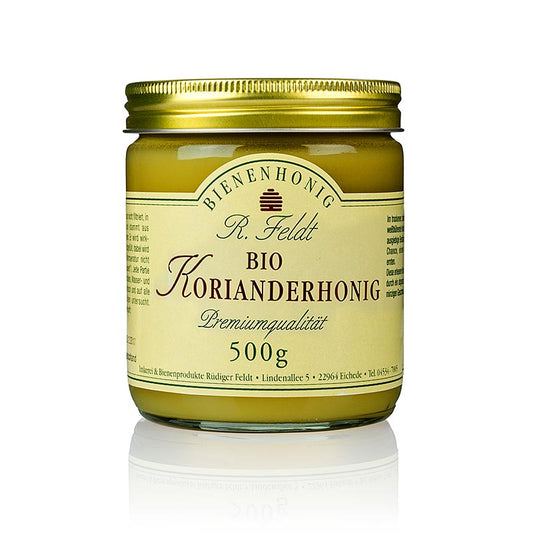 Organic 500g Feldt Koriander-Honig from the Carpathian Mountains, light, finely creamy, and spicy