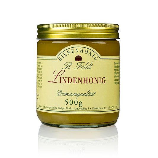 A 500g jar of creamy, strong and fresh light Linden honey from Germany, perfect for the summer