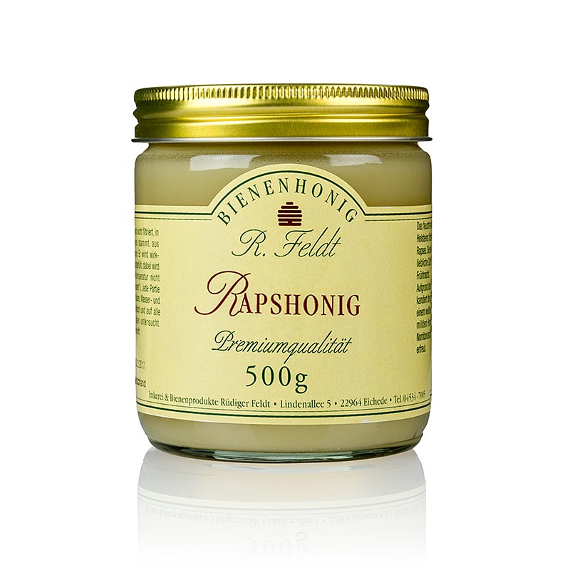 A 500g jar of creamy, fine-floral, and mild white rapeseed honey from Northern Germany